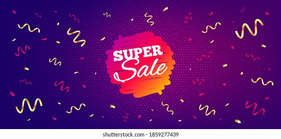 Super sale banner. Festive confetti background with offer message. Discount sticker shape. Coupon bubble icon. Best advertising confetti banner. Super sale badge shape. Vector