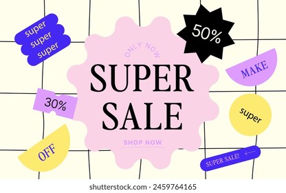 Super sale banner in flat style with geometric shapes. Modern abstract template design.
