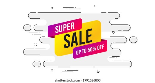 Super sale banner. Geometric ad banner on flow pattern. Discount sticker shape. Coupon bubble icon. Transition pattern cover. Super sale label. Vector