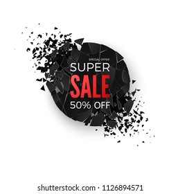 Super sale banner. Geometric round creative banner with space for text. Abstract explosion of black circle. Vector illustration