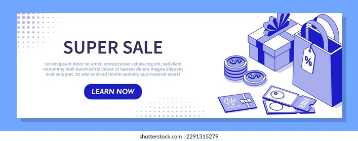 Super sale banner. Gift box and package with voucher and gold coins. Special offer, discounts and promotions. Marketing and advertising. Landing page design. Cartoon isometric vector illustration