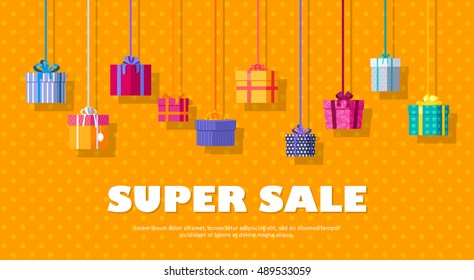 Super Sale Banner With Gift Boxes. Christmas Sale Conceptual Banner. Gift Boxes With Fashionable Ribbons And Bows On Orange Background. Big Discounts On Goods Before Holidays. Present Box Icons Vector