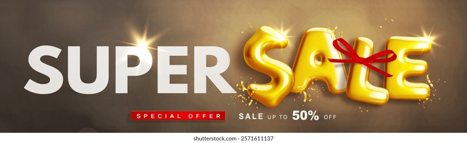 Super sale banner with golden realistic glossy 3d text, dollar and decorative red bow on dark smoky background. Special offer. Promotional design for web banner, poster, flyer. Vector ad illustration