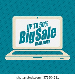 Super sale banner with laptop. Sale background. Big sale. Sale tag. Sale poster. Sale vector. Super Sale and special offer. 50% off.