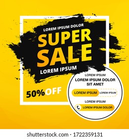 Super Sale banner. Minimal geometric abstract background. Bright design texture. Dynamic shapes composition. Discount up to 50 percent off. Yellow. Vector illustration.