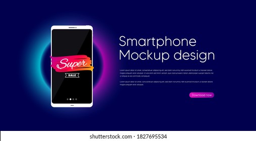 Super sale banner. Mobile phone vector mockup. Discount banner shape. Coupon bubble icon. Smartphone mockup template. Super sale banner. Phone screen frame. Neon background. Vector