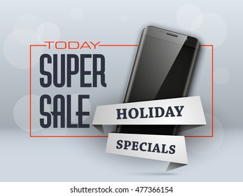 Super sale banner. Mobile Phone holiday specials Discount label poster. Cyber Monday offer tag. Smartphone coupon
