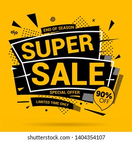 Super sale banner modern layout design on a yellow background with soft shadow