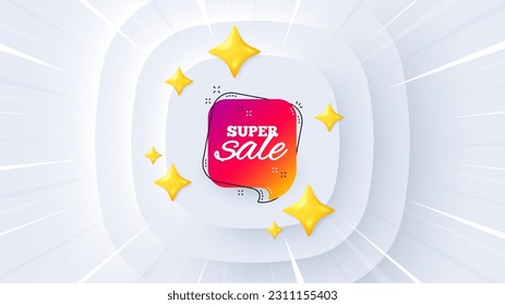 Super sale banner. Neumorphic offer 3d banner, coupon. Discount sticker shape. Coupon chat bubble icon. Super sale promo event background. Sunburst banner, flyer or poster. Vector