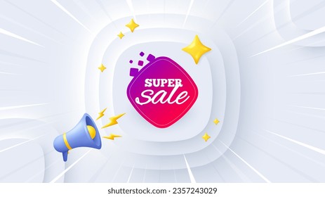 Super sale banner. Neumorphic offer 3d banner, poster. Discount sticker shape. Coupon bubble icon. Super sale promo event background. Sunburst banner, flyer or coupon. Vector