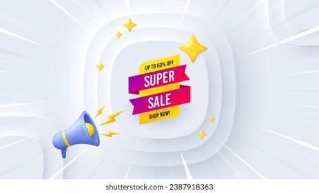 Super sale banner. Neumorphic offer 3d banner, poster. Discount sticker shape. Coupon tag icon. Super sale promo event background. Sunburst banner, flyer or coupon. Vector