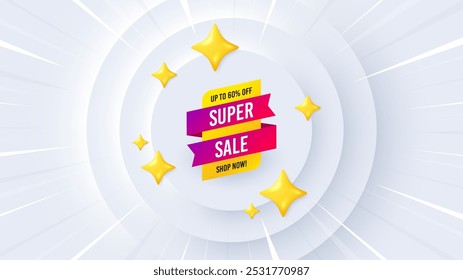 Super sale banner. Neumorphic offer 3d banner, coupon. Discount sticker shape. Coupon tag icon. Super sale promo event background. Sunburst banner, flyer or poster. Vector