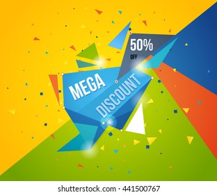 Super Sale banner on colorful background. Mega discount. Special offer. Geometric design. Modern Flyer and Poster. Vector illustration.