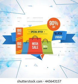 Super Sale banner on colorful background. Mega discount. Special offer. Geometric design. Black friday sale design template. Vector illustration.