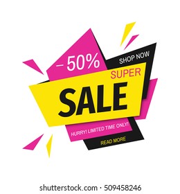 Super sale banner on colorful geometric background. Special offer. 50 percent off. Vector illustration.