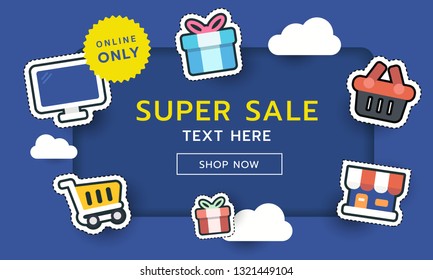 Super Sale Banner, Online Shopping Concept. Sticker Style. Vector Illustration
