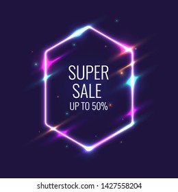 Super sale banner. Original poster for discount. Neon glow against a dark background. Vector illustration.