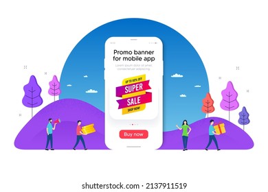 Super sale banner. Phone ui interface banner. Discount sticker shape. Coupon tag icon. Mobile smartphone promo banner. Super sale tag. Man with gift box. Vector