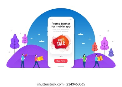 Super sale banner. Phone ui interface banner. Discount sticker shape. Coupon bubble icon. Mobile smartphone promo banner. Super sale tag. Man with gift box. Vector
