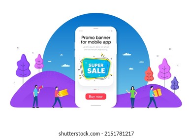Super sale banner. Phone ui interface banner. Discount price tag sticker. Chat bubble icon. Mobile smartphone promo banner. Super sale tag. Man with gift box. Vector