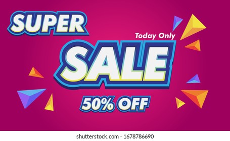 Super sale banner and poster 3d design modern sale 50% off with purple background. vector illustration