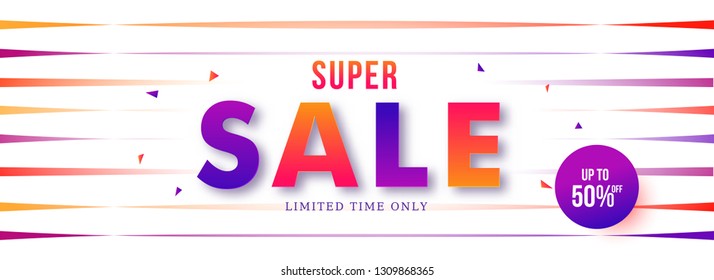 Super sale banner or poster design with 50% discount offer on colourful strip background. 