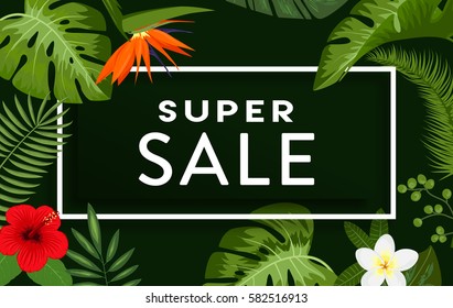 Super Sale banner, poster with Tropical Exotic Leaves and Flowers. Discount Design Background with Jungle Palm Leaves