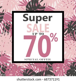 Super Sale banner, poster with Tropical Exotic Leaves and Flowers. Discount Design Background with Jungle Palm Leaves