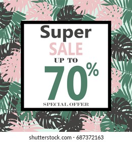 Super Sale banner, poster with Tropical Exotic Leaves and Flowers. Discount Design Background with Jungle Palm Leaves
