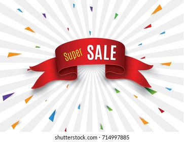  Super sale banner. Red realistic ribbon. Vector illustration.