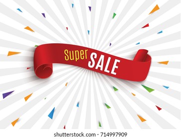  Super sale banner. Red realistic ribbon. Vector illustration.