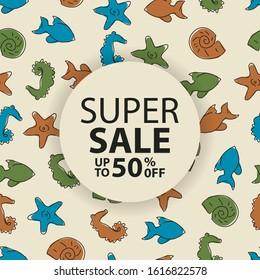 Super sale banner with sea animals object and vintage color, Cute trendy design for media social post, ad, wallpaper, flyer, banner, card, background.