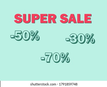 Super sale banner. Sell to 70% off. Blue background, pink lettering. Big sale banner. Retro illustration.. 80s, 90s, 70s style design. Stock vector banner. 