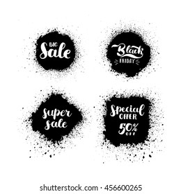 Super sale banner set and discounts. Vector illustration
hipster style poster or label for shop and market. 
Hand-painted phrases lettering: super sale 50% off, big sale, special offer, black Friday