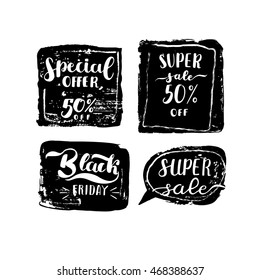 Super sale banner set and discounts. Vector illustration
hipster style poster or label for shop and market. 
Hand-painted phrases lettering: super sale 50% off, special offer, black Friday