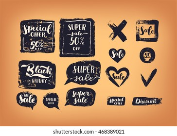 Super sale banner set and discounts. Vector illustration
hipster style poster or label for shop and market. 
Hand-painted phrases lettering: super sale 50% off, special offer, black Friday