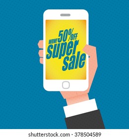 Super sale banner with smartphone. Sale background. Big sale. Sale tag. Sale poster. Sale vector. Super Sale and special offer. 50% off.