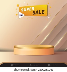 super sale banner social media template post with blank space 3d podium for product with abstract gradient cream colour background design