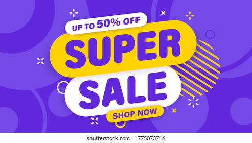 Super Sale banner, special offer and sale. Shop now or this weekend only. Up to 50 or 60 or 70 off. Discount, mega sale. Vector illustration.