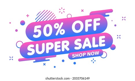 Super Sale banner, special offer and sale. Shop now or this weekend only. Up to 50 or 60 or 70 off. Discount, mega sale. Vector illustration.