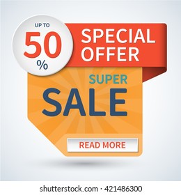 Super sale banner. Special offer vector template. Discount badge. Half price tag. 