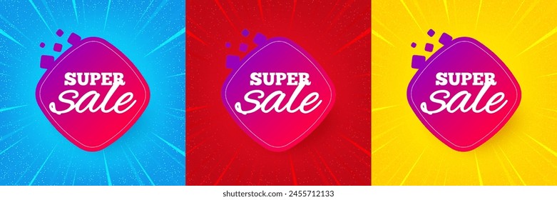 Super sale banner. Sunburst offer banner, flyer or poster. Discount sticker shape. Coupon bubble icon. Super sale promo event banner. Starburst pop art coupon. Special deal. Vector