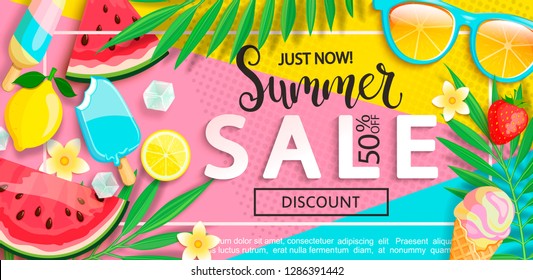 Super sale banner with symbols for summer time such as ice cream,watermelon,strawberries,glasses.Vector illustration of discount template card, wallpaper,flyer,invitation, poster,brochure,voucher.