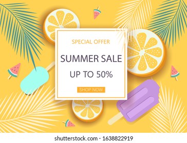 Super sale banner with symbols for summer time such as oranges, ice-cream.Vector illustration of discount template card, summer wallpaper, summer flyer, invitation, poster, summer brochure, voucher.