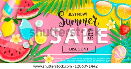 Super sale banner with symbols for summer time such as ice cream,watermelon,strawberries,glasses.Vector illustration of discount template card, wallpaper,flyer,invitation, poster,brochure,voucher.