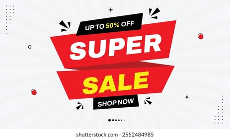 Super Sale Banner Template - Up to 50% Off! Shop Now with Stunning Black, Red, White Gradient Backgrounds, Creative Element Shapes, and Eye-Catching Designs for Your Marketing Needs