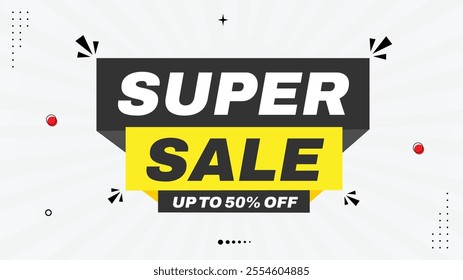 Super Sale Banner Template - Up to 50% Off! Order Now Limited Offer with Stylish Element Shapes Black, Red, White Gradient Background for Eye-Catching Designs Perfect for Promotions Discounts