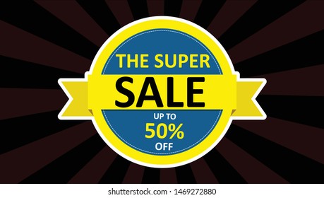 The super sale banner template. Cool yellow and blue sticker. Promotional word art. Colorful tag. Sale tag vector. Special offer sale tag. Promotional sale price. 50% offer.
