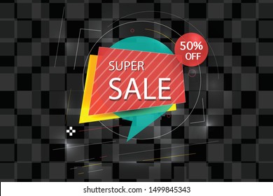 Super sale banner template design. Creative speech bubble tag. Vector badge special offer up to 50% off, concept sticker illustration