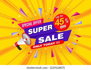 Super-Sale Banner Template Design. Abstrakter Verkaufsbanner. Werbeplakat. Sonderangebot bis zu 45 % Rabatt